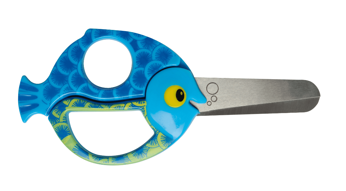 Blue fish-shaped scissors with rounded safety blades and scale pattern.