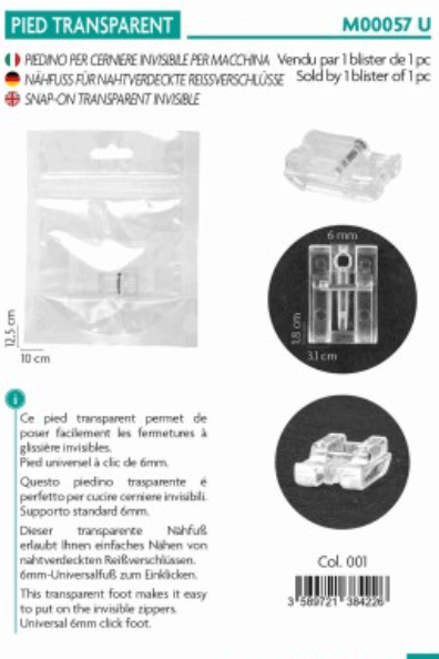 Pied transparent pour fermetures invisibles et universel 6mm
