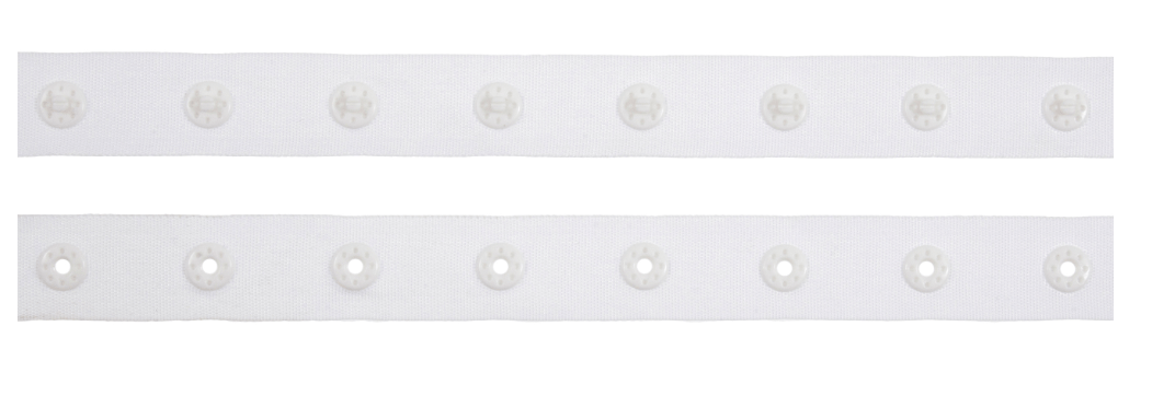 Trim: Snap Tape: Nylon: 1m x 18mm: Round: 25mm Spacing: White - Galedi Pins