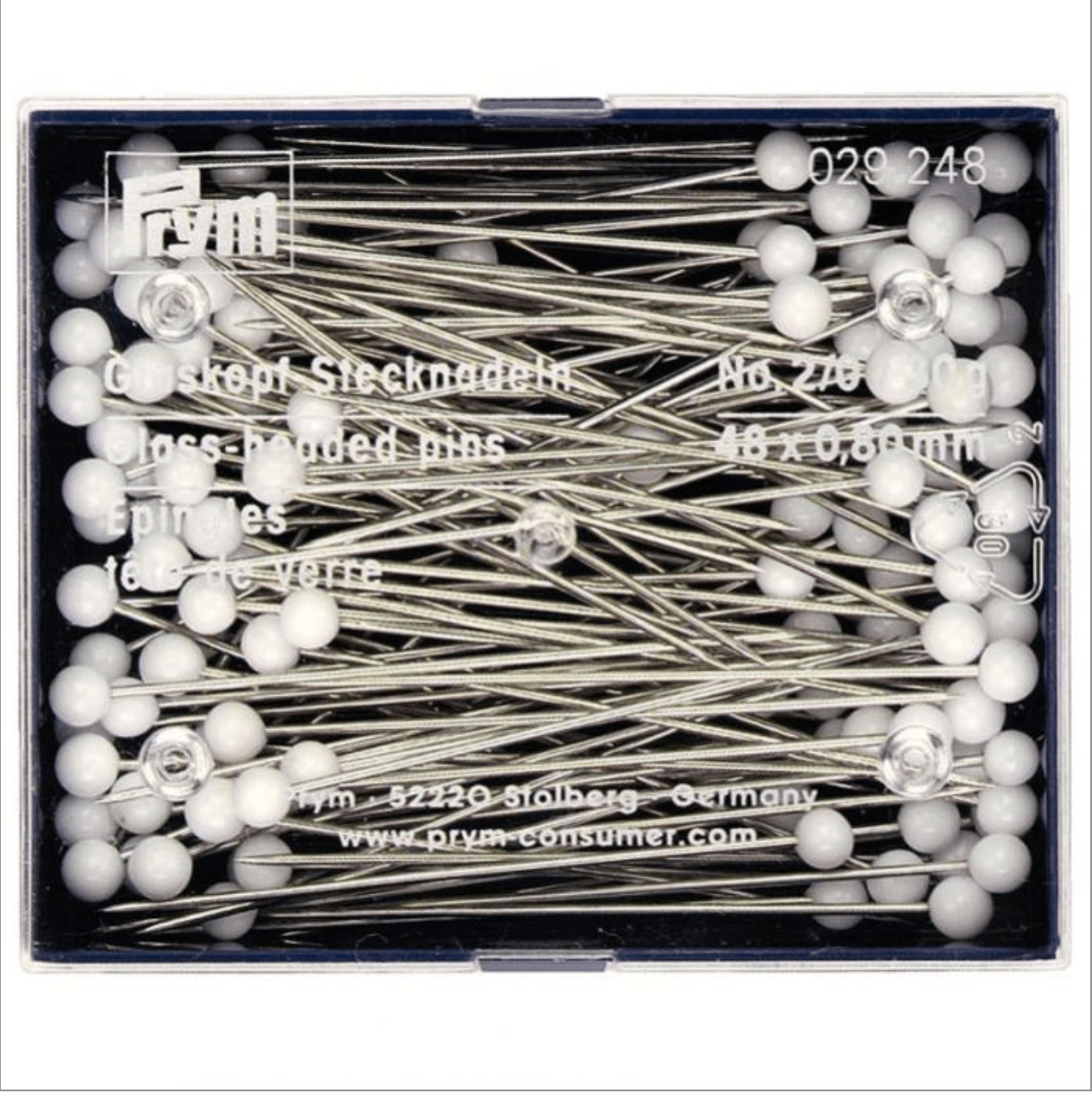 Glass - headed pins, 0.80 x 48mm, white, 30g, plastic box - Galedi Pins