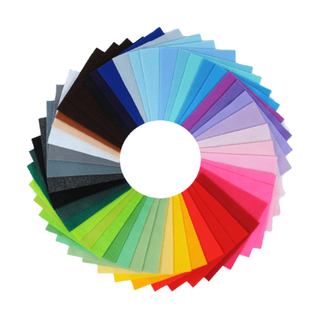 A circular fan of 42 acrylic felt squares in mixed colors.