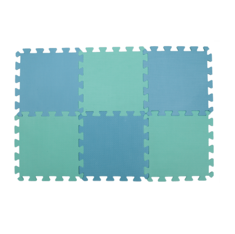 Nine interlocking foam puzzle mats in alternating blue and green colors.