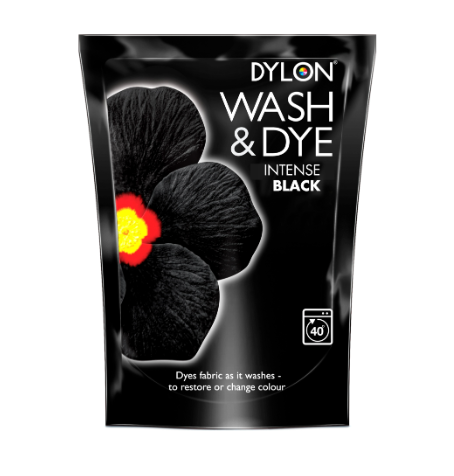 Dylon Wash & Dye Intense Black fabric dye pouch with a black flower graphic.