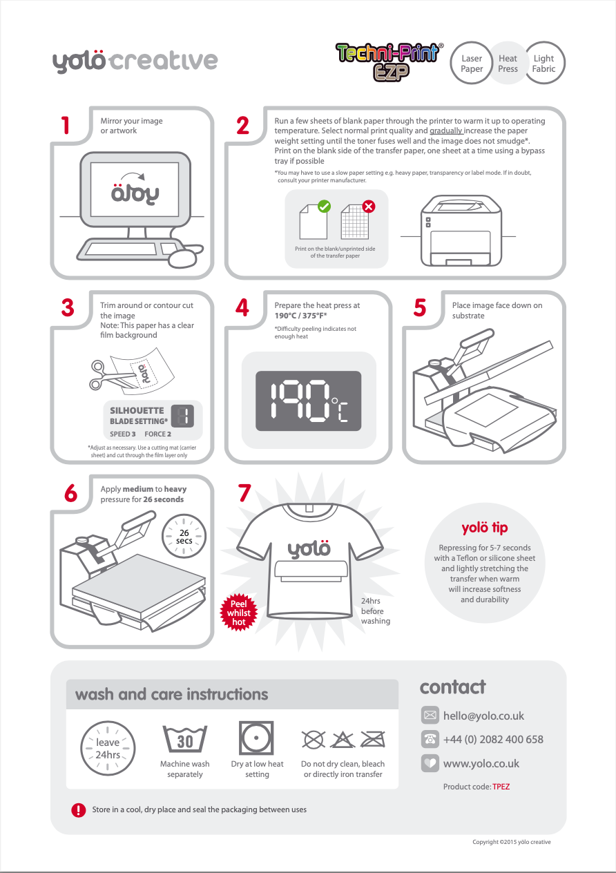 Instructions for using Techni-Print EZP laser heat transfer paper on light fabric.