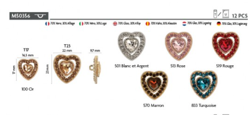 Heart-shaped craft buttons with rhinestones in various colors and sizes.