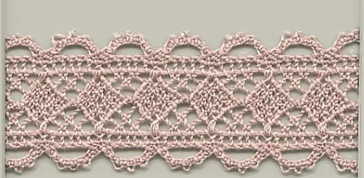Pink Torchon lace with a diamond pattern and scalloped edges.
