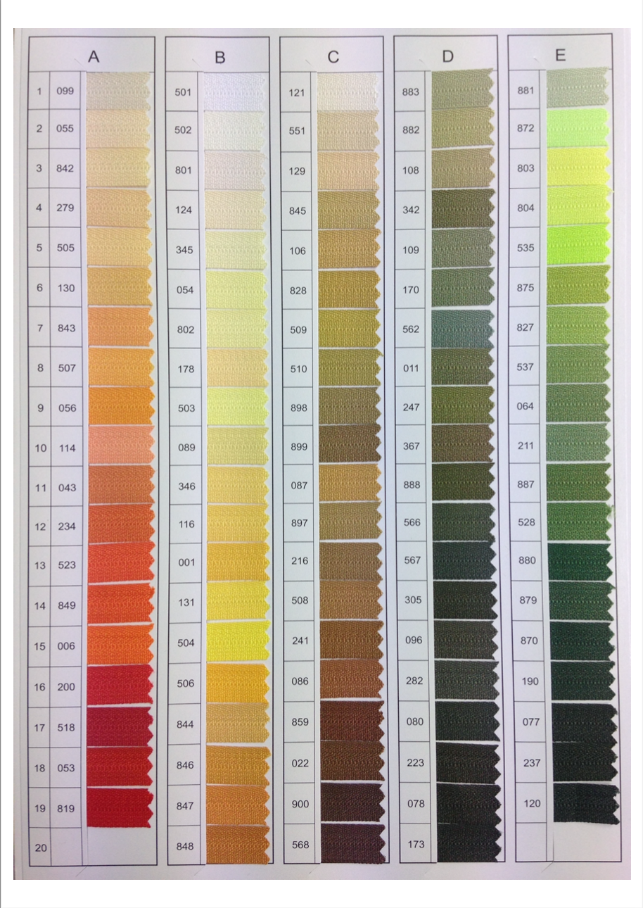 YKK size 3 closed end gold metal zipper swatch chart.