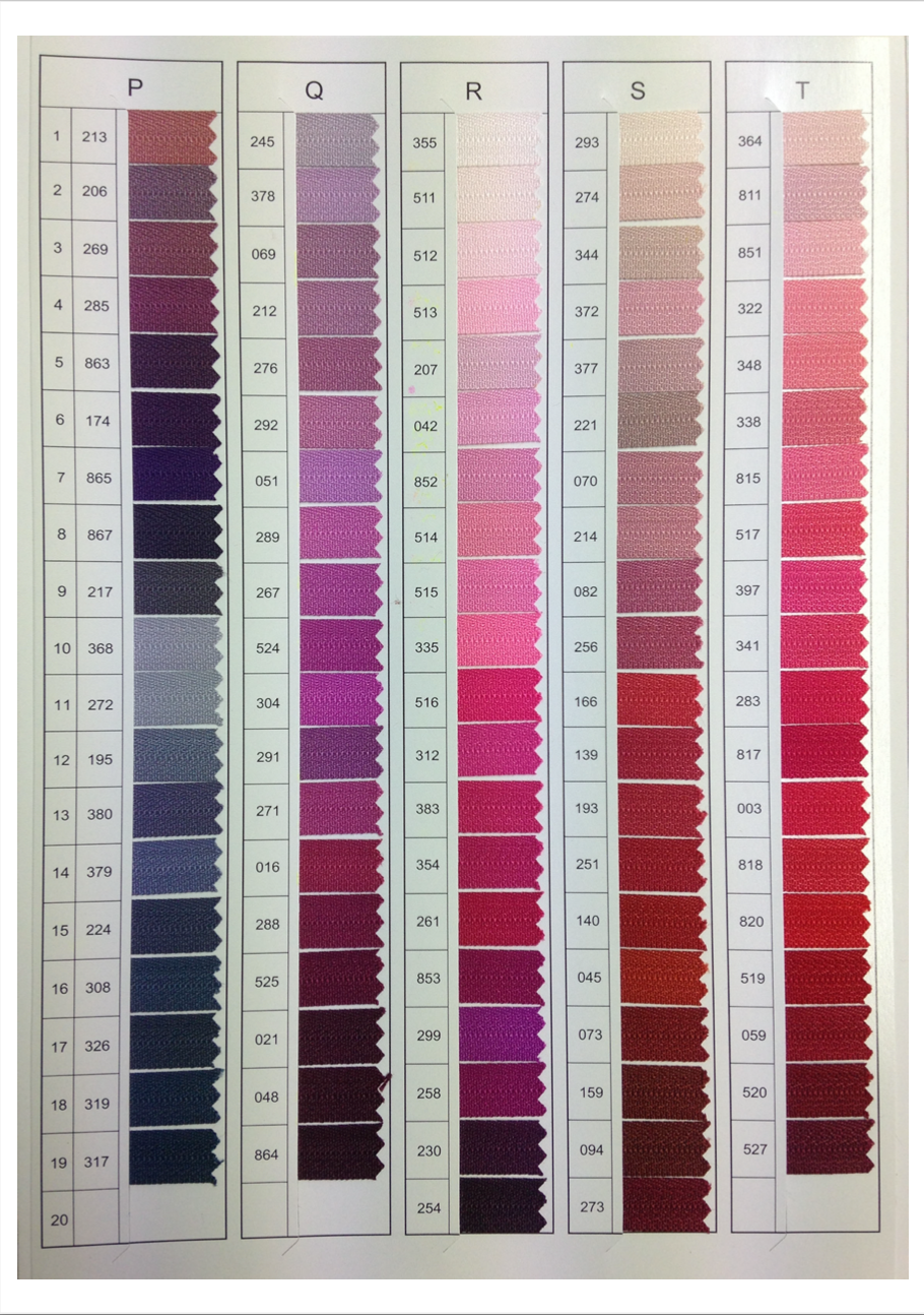 Color swatch chart showing rows of fabric samples with corresponding numbers and letters P, Q, R, S, T.