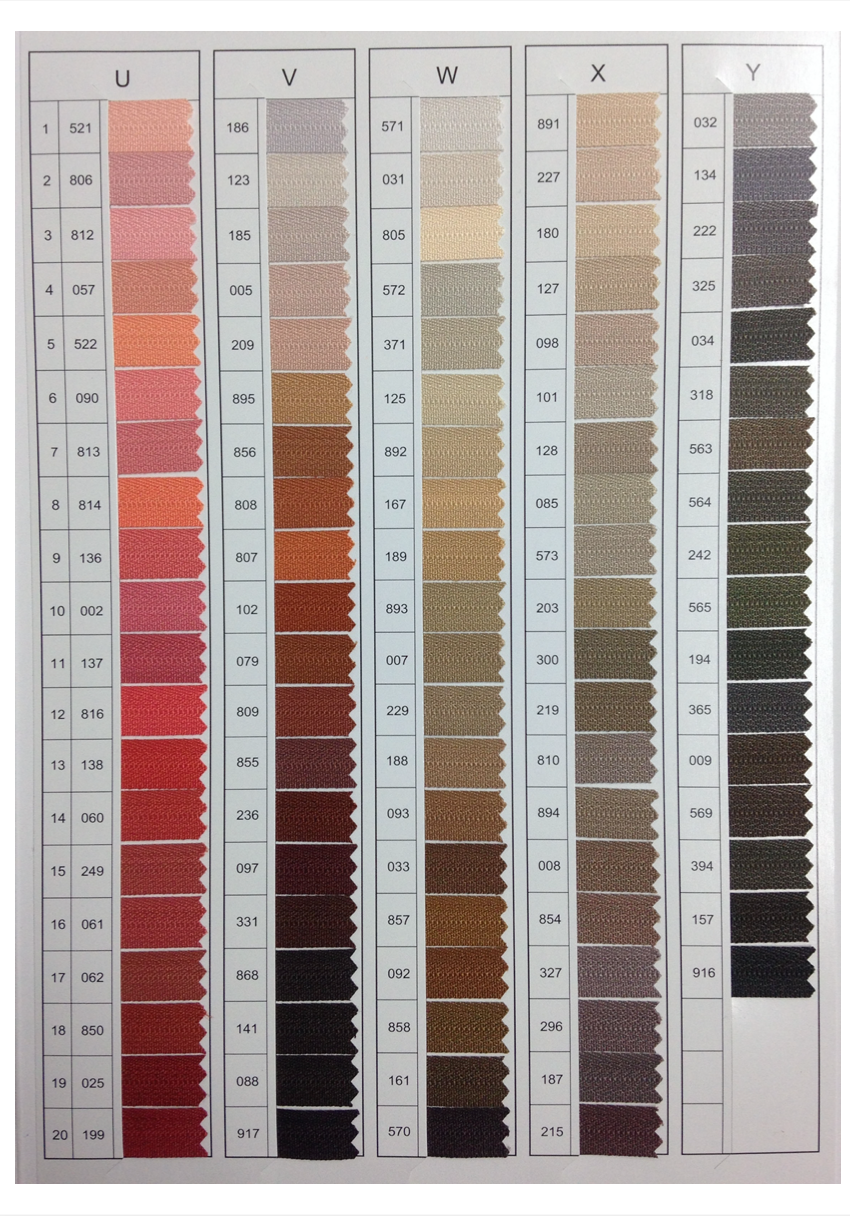 Color chart showing rows of fabric swatches with corresponding numbers and letters.