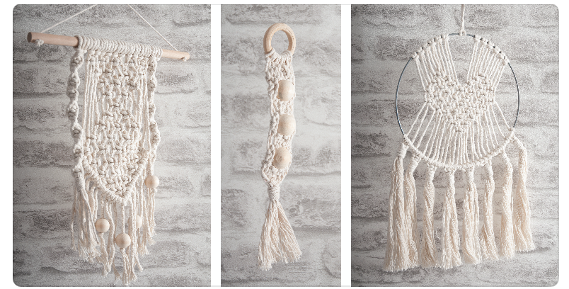 Three examples of macramé wall hangings made with wooden dowels, rings, beads, and a metal hoop.