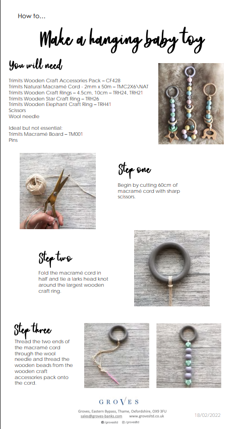 Instructional guide for making a hanging baby toy using a wooden craft accessories pack.