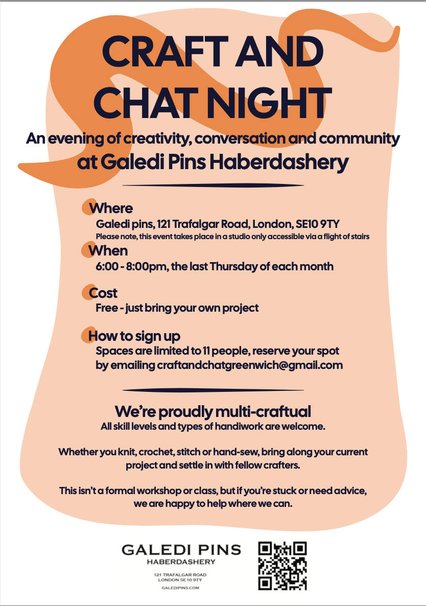 Informational flyer for a monthly Craft and Chat Night event at Galedi Pins Haberdashery.