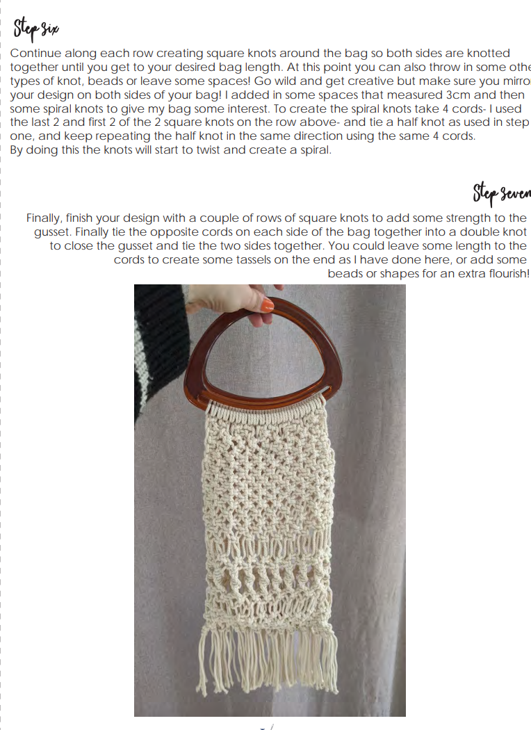 A macrame bag featuring amber-colored oval plastic handles and a fringed bottom.