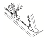 Line drawing of a Janome concealed zipper foot sewing an invisible zipper into fabric.