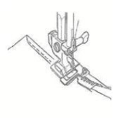 Line drawing of a Janome bias binder foot attaching pre-folded tape to a fabric edge.