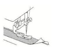 Line drawing of a Janome adjustable zipper and piping foot sewing a seam on a strip of fabric.