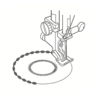 Line drawing of a Janome applique foot sewing a decorative circular pattern on fabric.