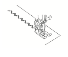 Line drawing of a Janome zigzag foot sewing a decorative stitch on a piece of fabric.