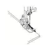 Line drawing of a Janome 1/4 inch seam foot with a guide bar attached to a sewing machine.