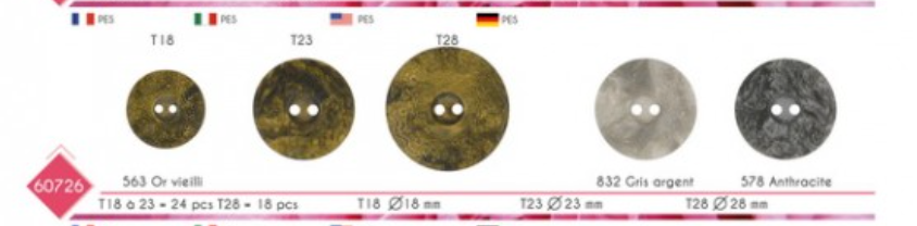 Vintage lace textured round sewing buttons in three sizes and three marbled colors.