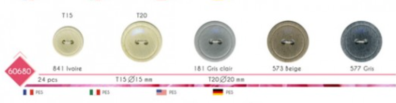 A selection of round, two-hole polyester buttons in various sizes and neutral colors.