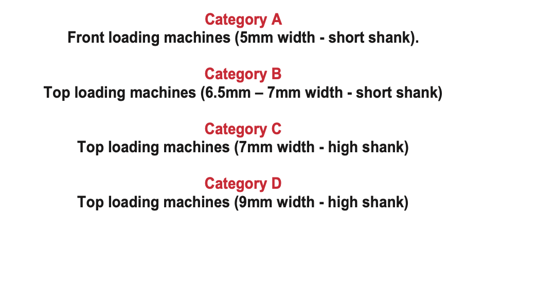 Chart listing sewing machine categories A through D by loading type, stitch width, and shank height.