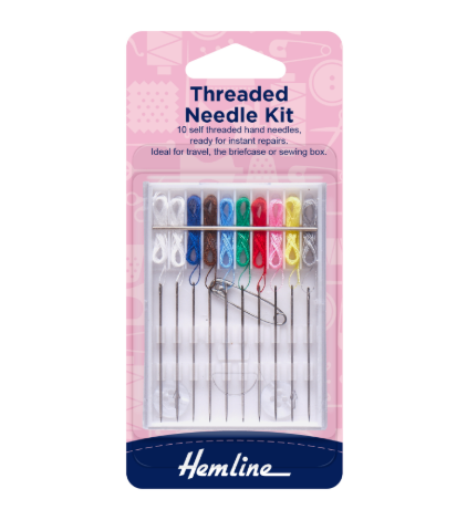 Hemline Threaded Needle Kit with 10 pre-threaded needles, safety pin, and buttons in a travel case.
