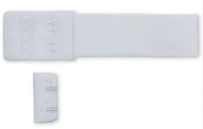 White bra fastener with three rows of hooks and loops.