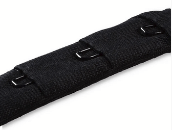 A black bra extender with three hooks is shown at an angle.