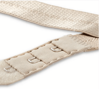 Bra extender with adjustable elastic straps and metal hooks and eyes.