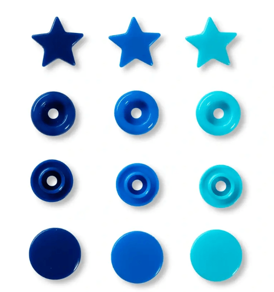 Assorted color plastic snap fasteners in star and circular shapes.