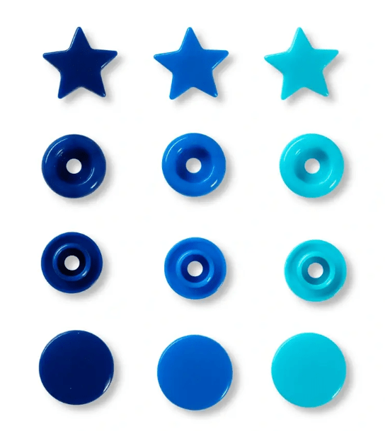 Assorted blue plastic snap fasteners in star and circular shapes.