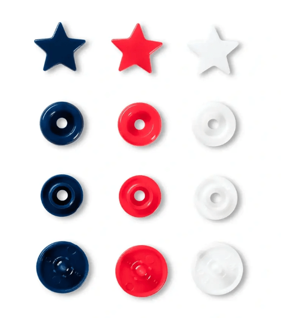 Assorted color plastic snap fasteners in star and circular shapes.