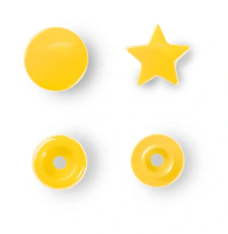 Yellow star and circle shaped non-sew press fasteners.
