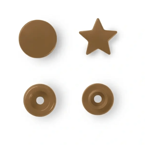 Brown star and circle shaped non-sew press fasteners.