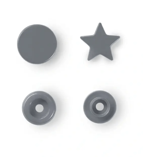 Gray star and circle snap fasteners with matching bases.