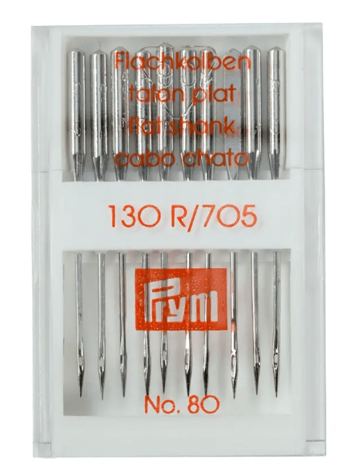 A box of 10 silver-colored steel universal sewing machine needles.