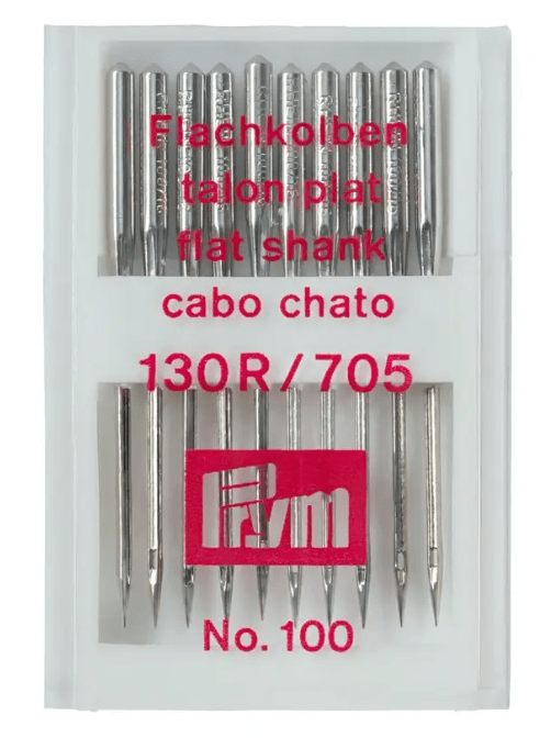 Pack of 10 silver-colored steel sewing machine needles with flat shanks.