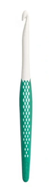 Green and white ergonomic crochet hook with a textured handle.