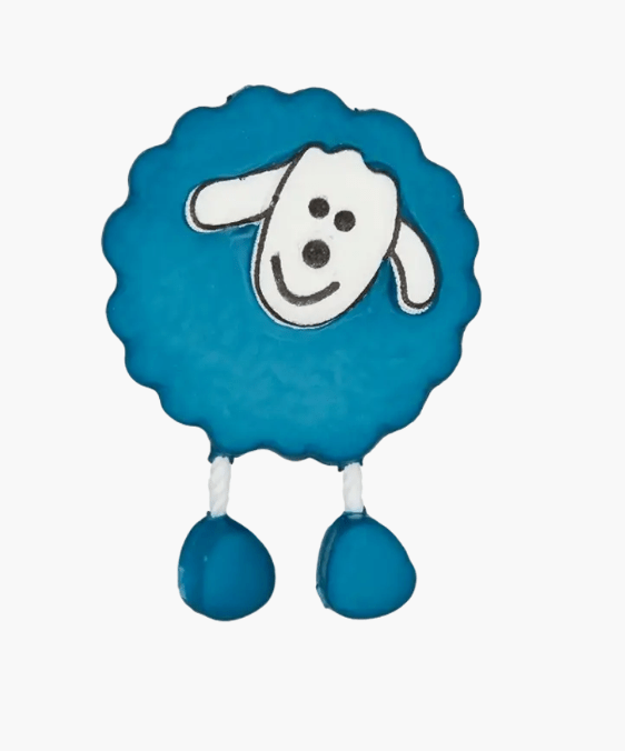 Blue polyester sheep button with white face and legs.