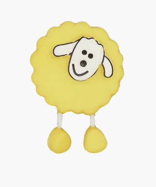 Yellow sheep button with dangling legs.