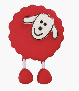 Red polyester sheep button with white face and dangling legs.