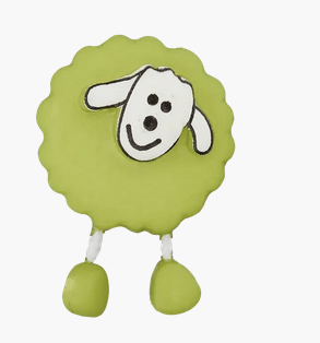 Green sheep button with white face and dangling legs.