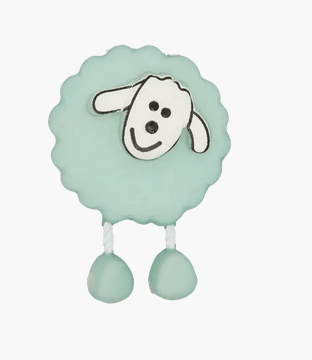 Light blue sheep button with white legs and black face details.