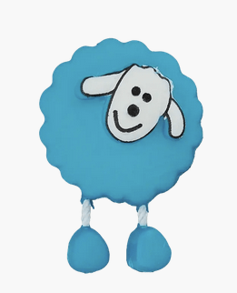 Blue sheep button with white face and dangling legs.