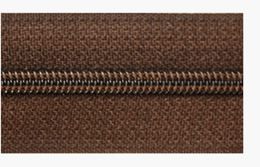 Brown polyester monofil zipper with metal teeth.
