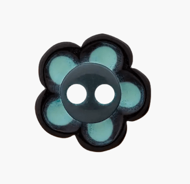 Black and teal flower-shaped polyester button with two holes.