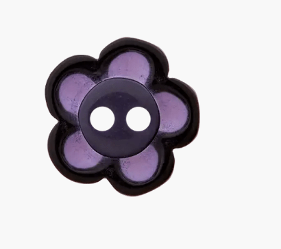 Purple flower-shaped polyester button with two white holes.