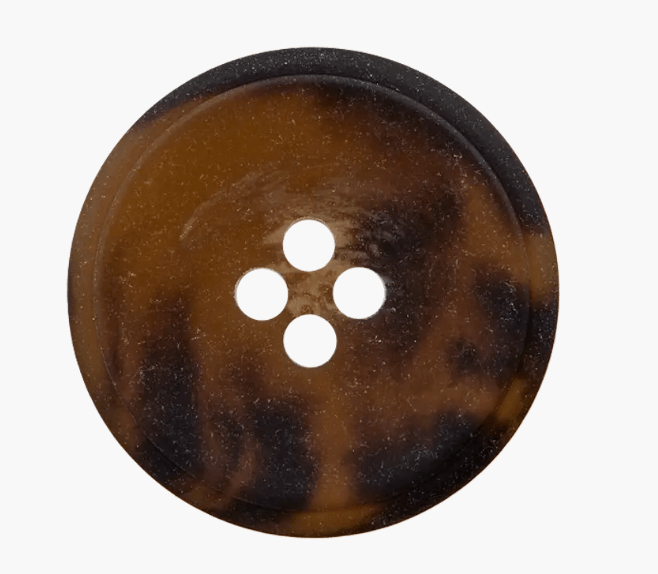 A round, brown tortoiseshell polyester button with four holes.