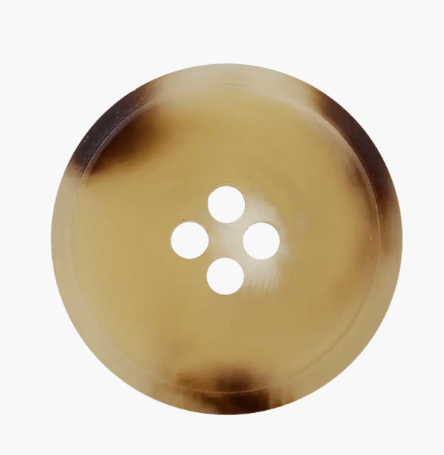 A round, light brown polyester button with four holes and a marbled pattern.